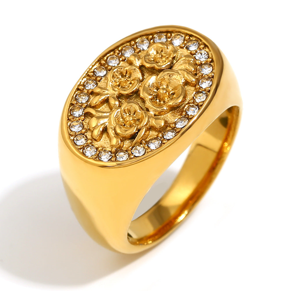 Vintage Fashion 18K Gold Plated Stainless Steel Geometric Flower Ring for Women