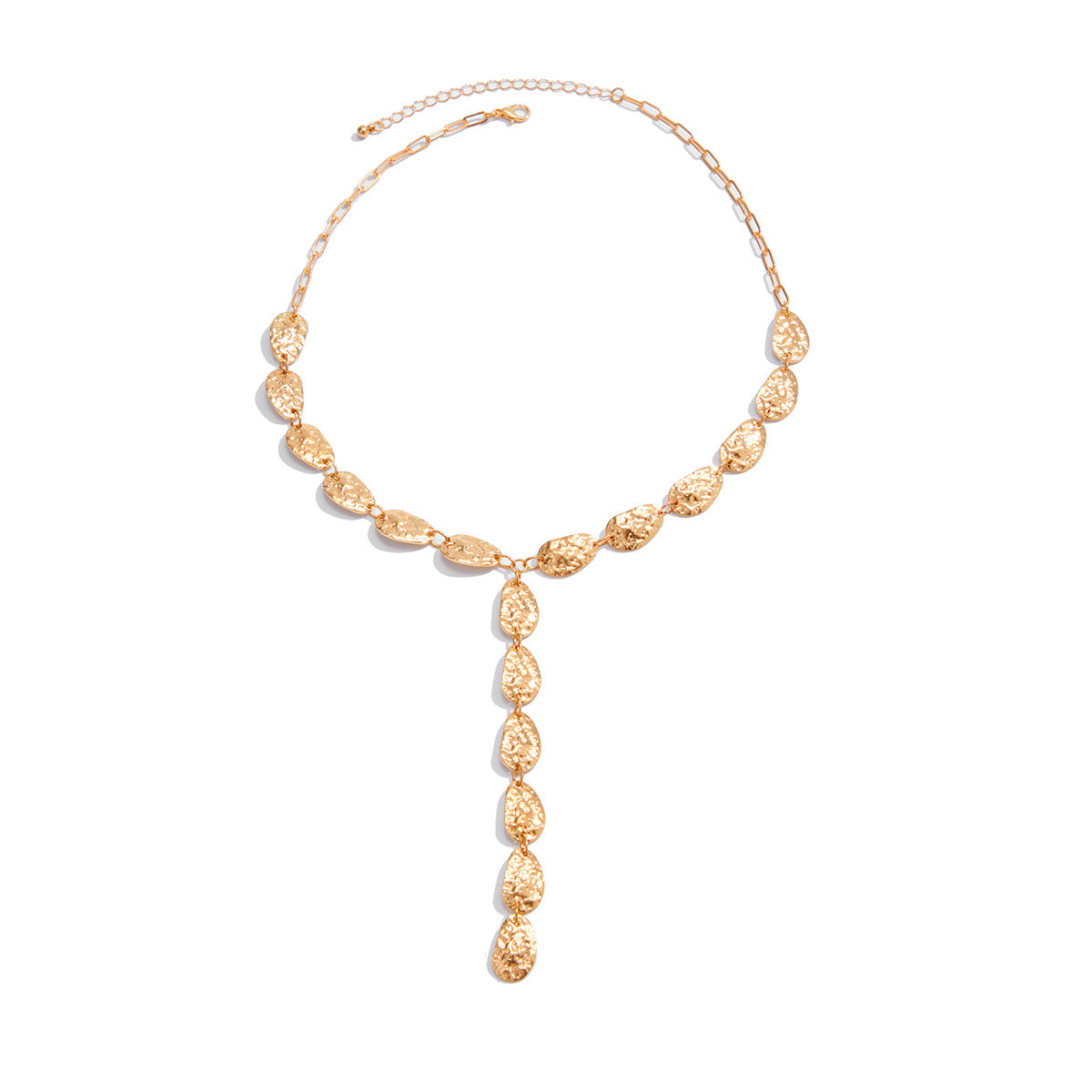Collana a Y da donna con texture martellata irregolare, pendente geometrico in metallo con finitura placcata, catena lunga minimalista alla clavicola