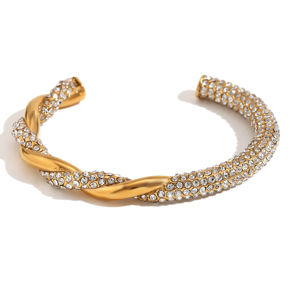 Fashionable Asymmetrical Braided Stainless Steel Bracelet with 18K Gold Plating and Rhinestone Accents