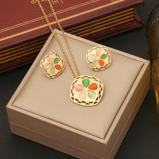 Set de collar de ojo de gato cuadrado hueco geométrico vintage de acero inoxidable con acabado chapado para mujer