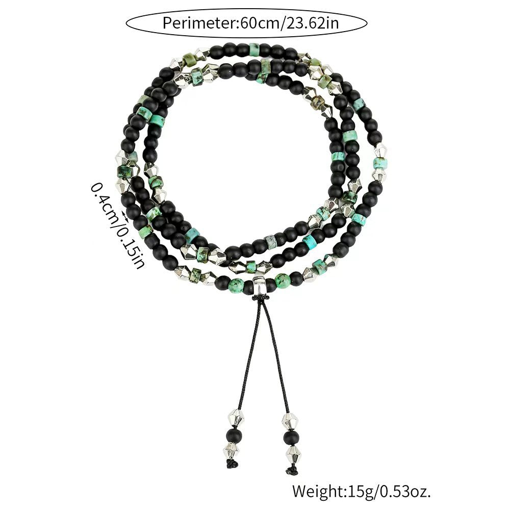 Vintage Hip-hop Geometric Matte Black Turquoise Round Beaded Multi-layer Stretch Bracelet