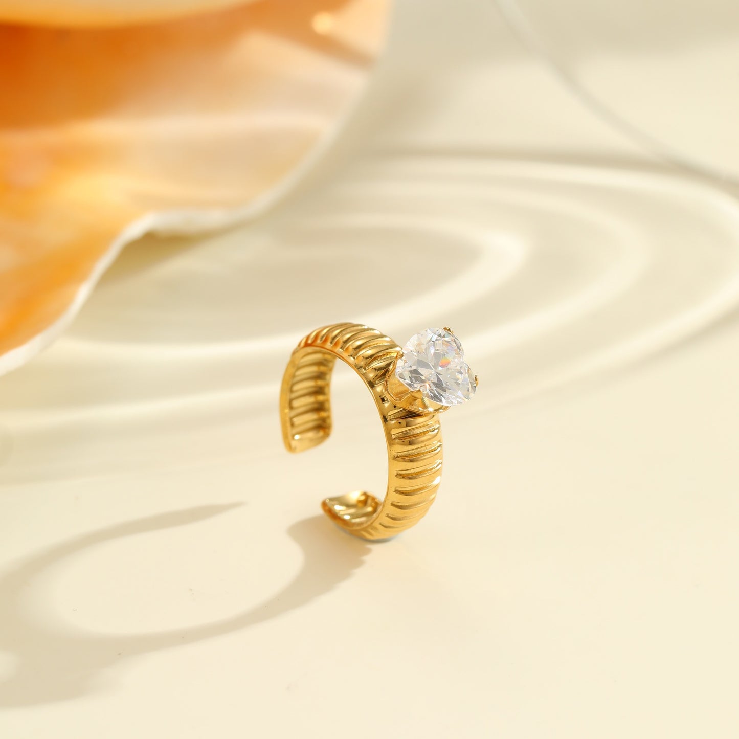 Luxury Geometric Stainless Steel Ring with Zircon Inlay and 18K Gold Plating Adjustable Women's Fashion Ring
