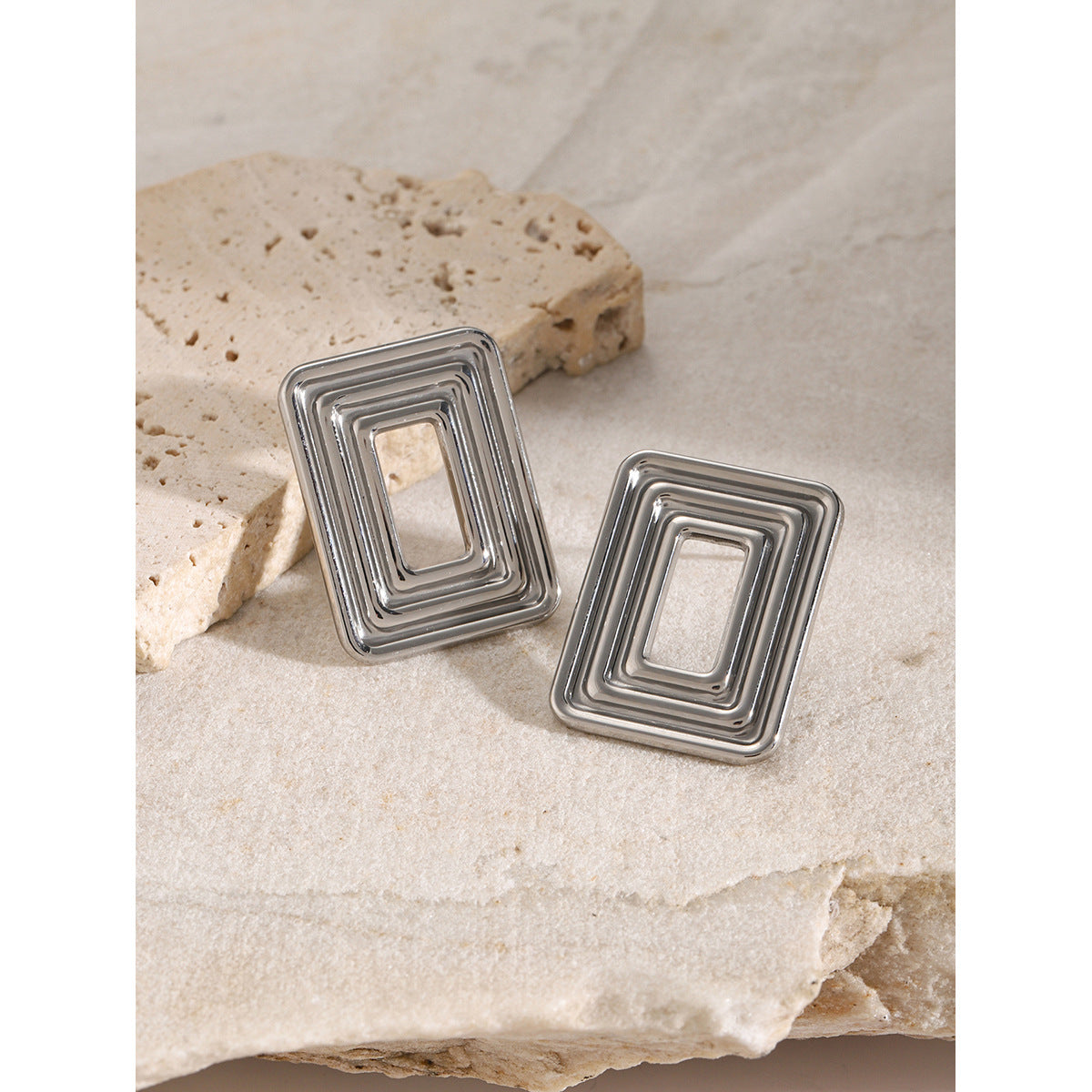 Minimalist Geometric 18K Gold Plated Stainless Steel Hollow Spiral Rectangle Earrings