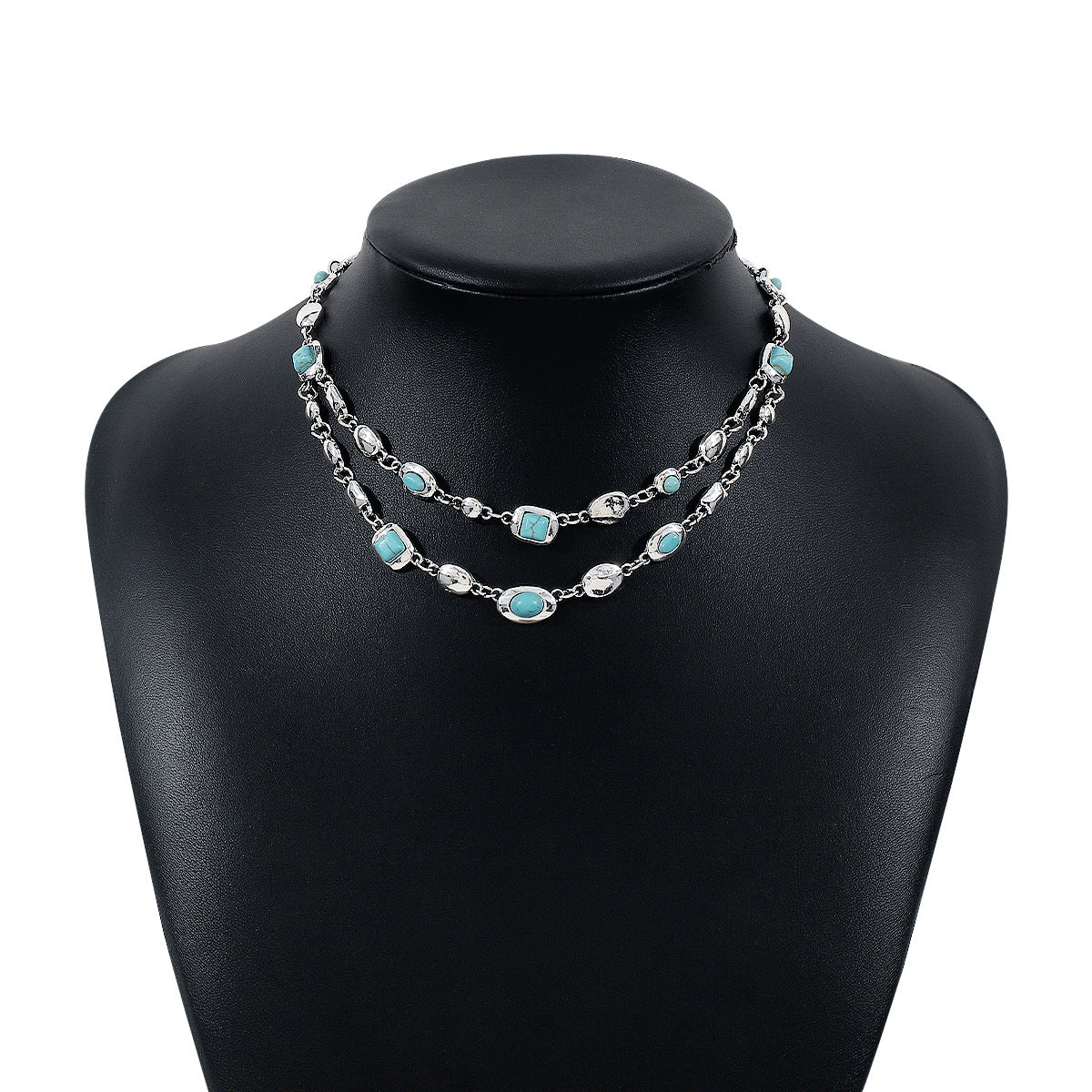 Collar de Doble Capa Geométrico de Inspiración Vintage para Mujer con Base de Aleación e Incrustaciones de Pedrería, Acabado Galvanizado, Cadena Delicada con Medallón