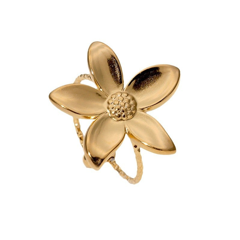 Minimalist Floral Stainless Steel Adjustable Ring with Gold Plating for Women