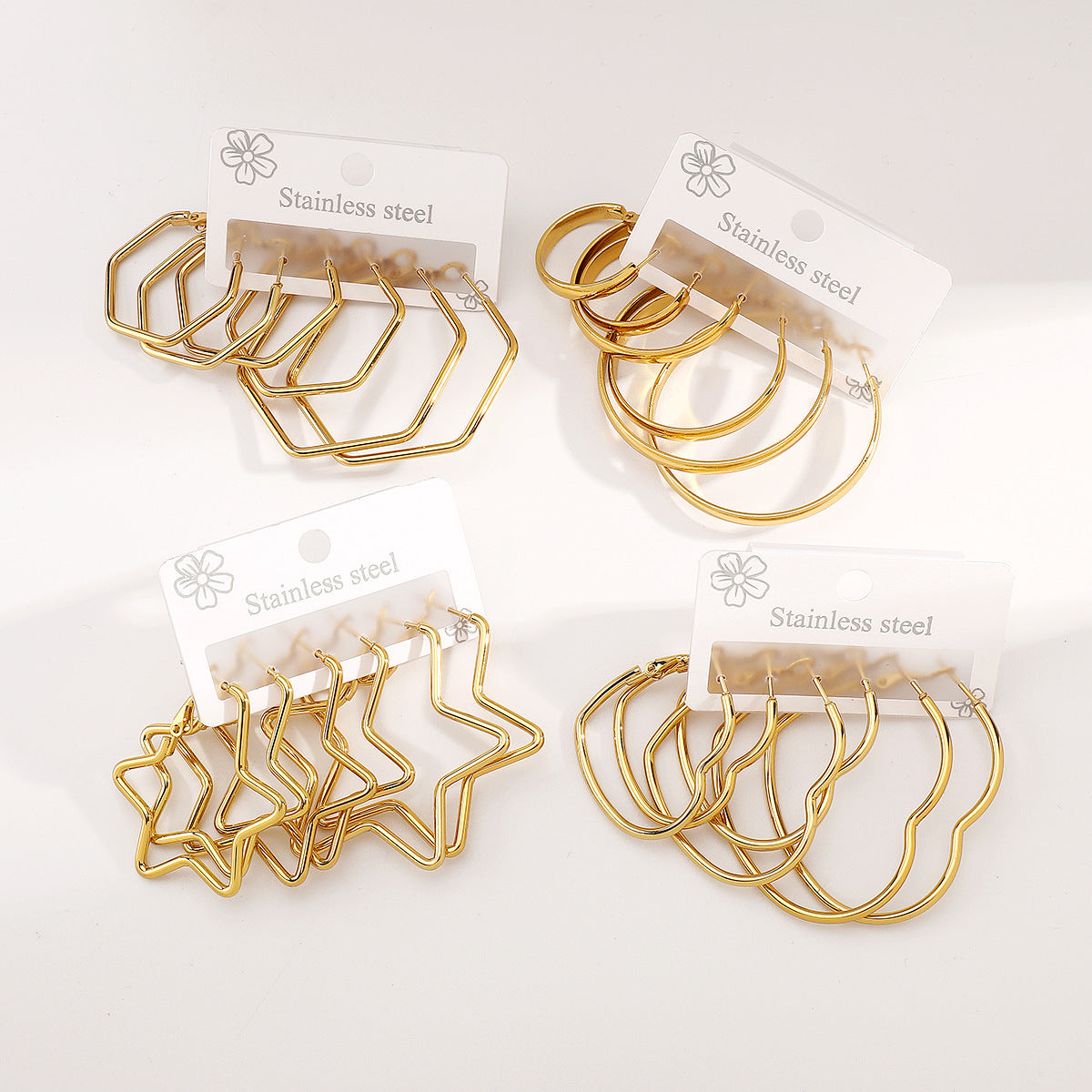 Minimalist Geometric Stainless Steel Earrings for Women with Plated Finish, Circular and Hexagonal Hoop and Stud Set