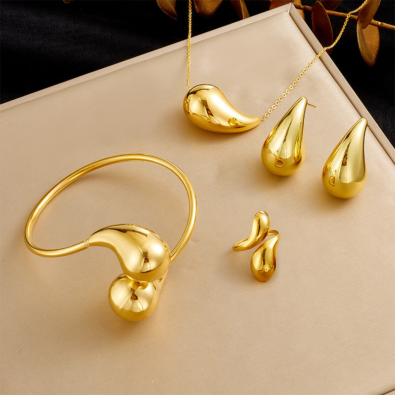 Minimalist Polished Teardrop Stainless Steel Cuff Bracelet Set for Women