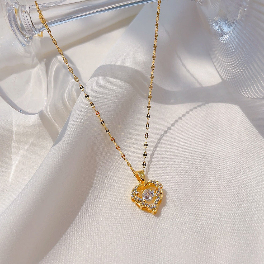 Elegante collana a forma di cuore in acciaio al titanio da donna con intarsio di strass e finitura placcata, stile catena a labbro, design chic minimalista