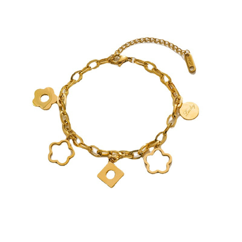 Bracciale da donna alla moda in acciaio al titanio a forma di rombo con ciondolo a fiore