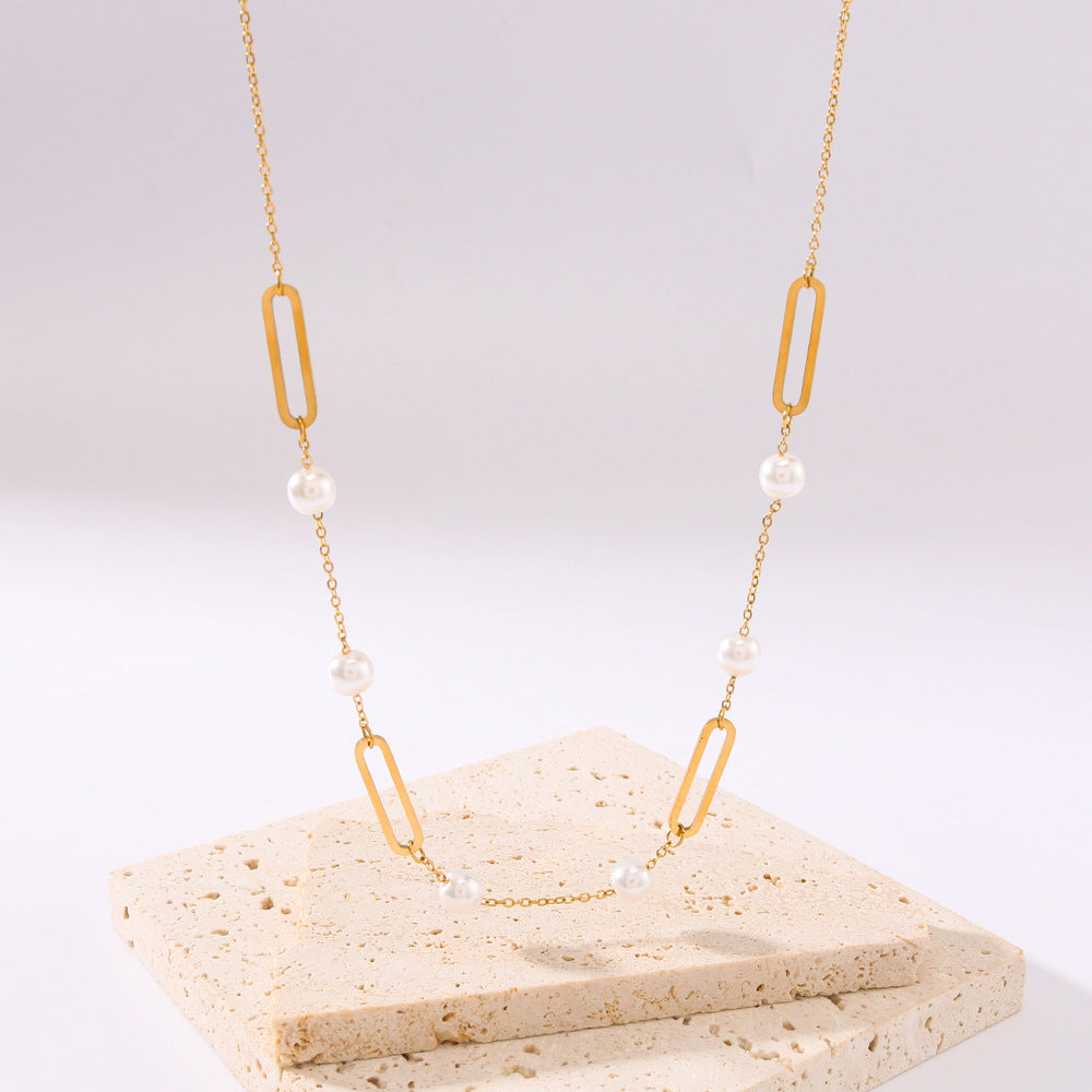 Minimalist Oval Hollow Pearl Necklace in Titanium Steel with 18K Gold Plating on O-Chain for Women