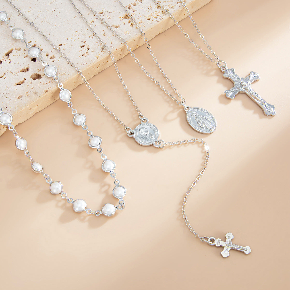 Minimalist Square Cross Pendant Brass Plated Necklace with Pearl and Crystal Snake Chain for Women