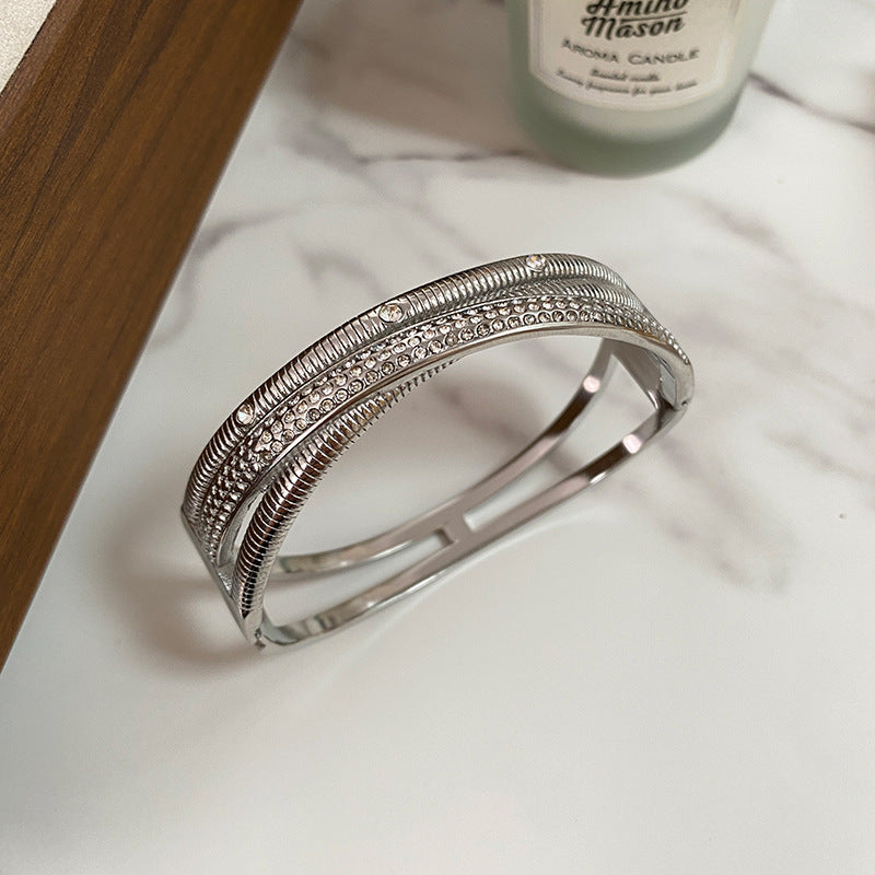 Three-Layer Cross Oval Geometric Cubic Zirconia Plated Titanium Steel Bracelet