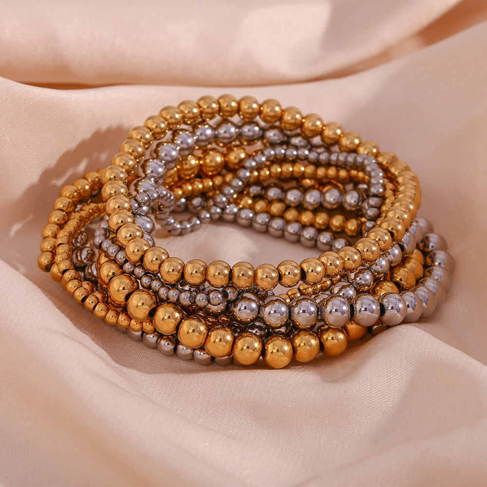 Pulsera elástica de cuentas de acero inoxidable chapada en oro de 18 quilates con diseño geométrico minimalista para mujer