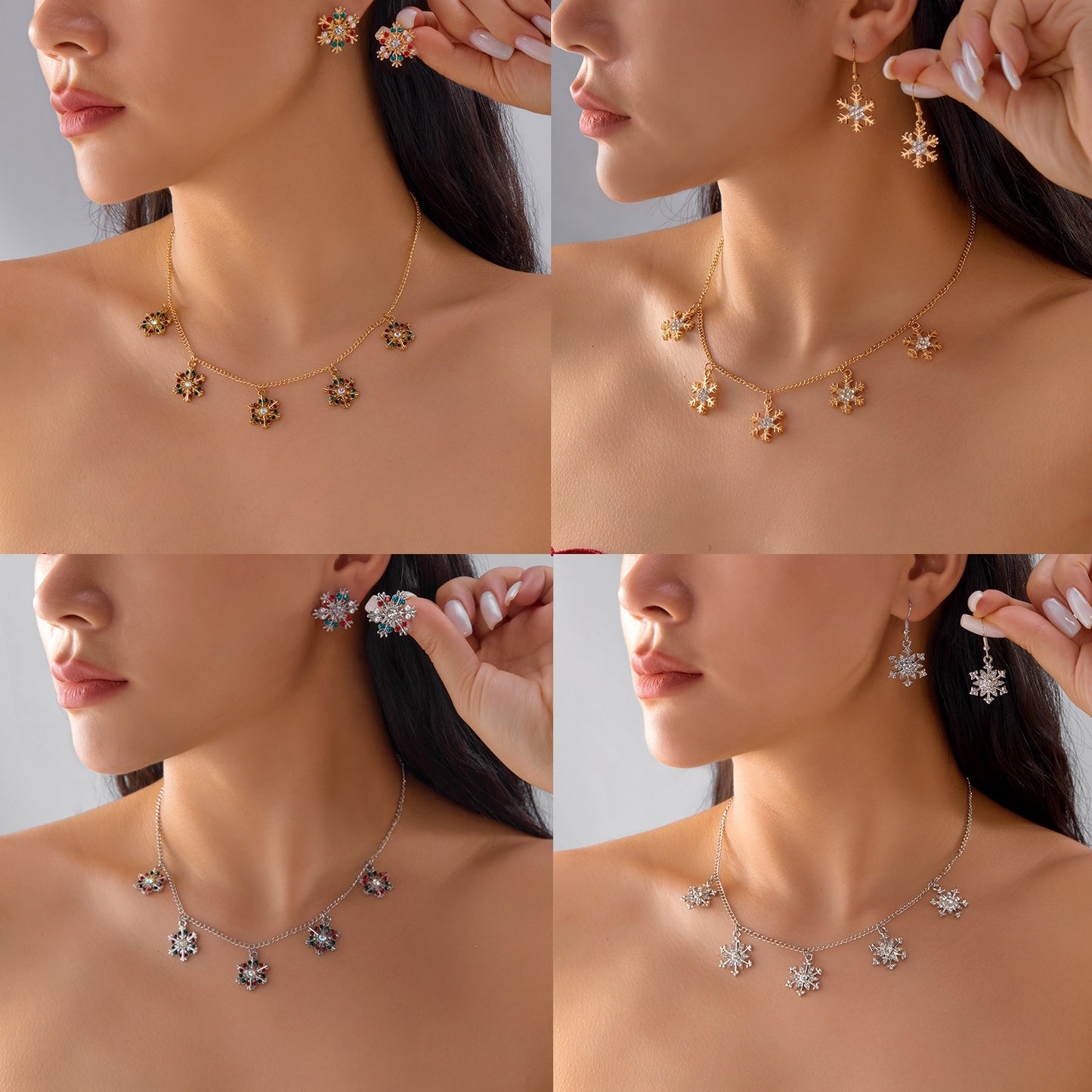Juego de collar con colgante de copo de nieve navideño con incrustaciones de pedrería en aleación con acabado galvanizado para uso unisex