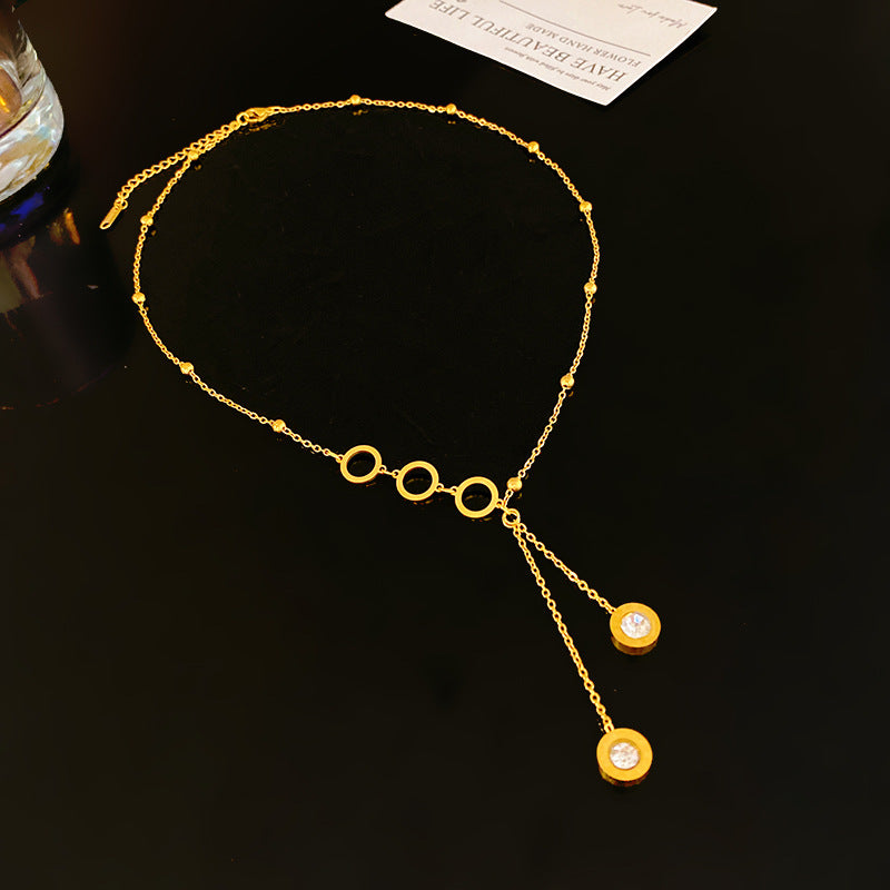 Sweet Streetwear Micro-set Cubic Zirconia Number Tassel Titanium Steel Necklace for Unisex