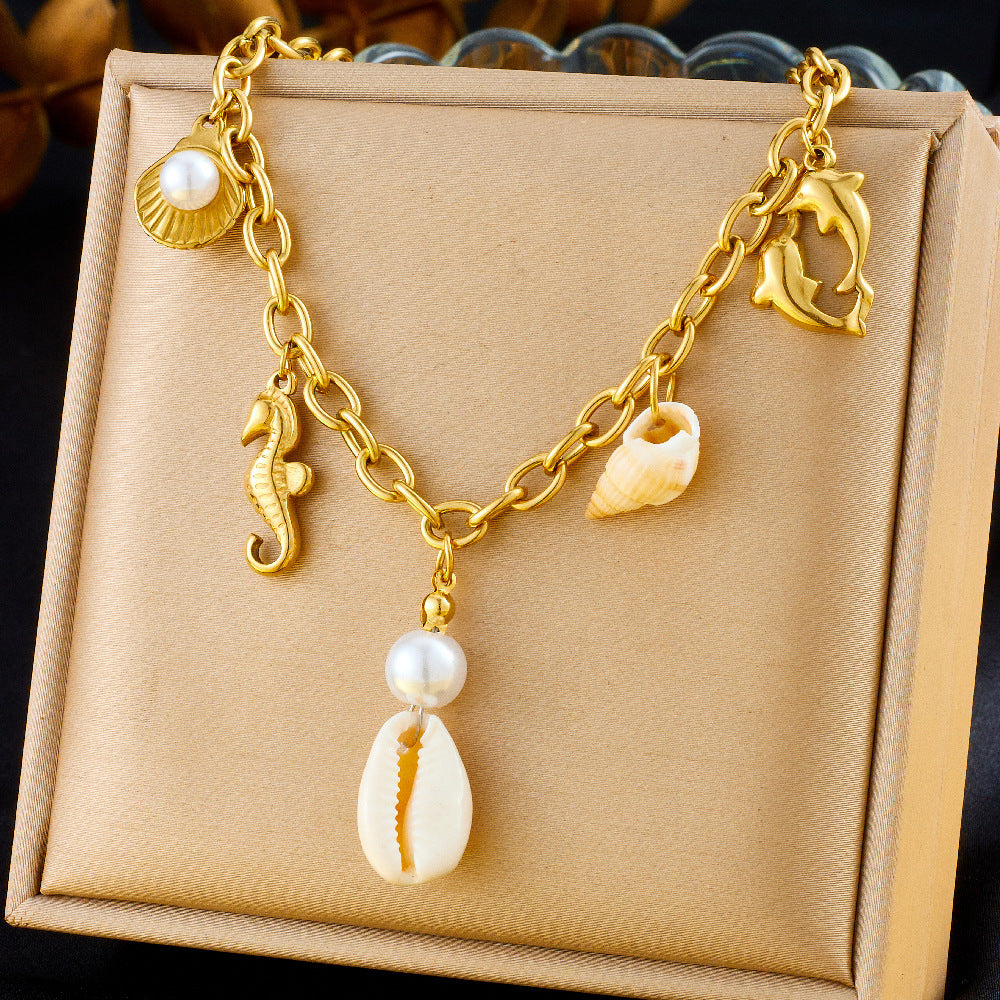 Personality Drip Oil Stainless Steel Dolphin Starfish Pearl Shell Necklace with Thick Chain for Women