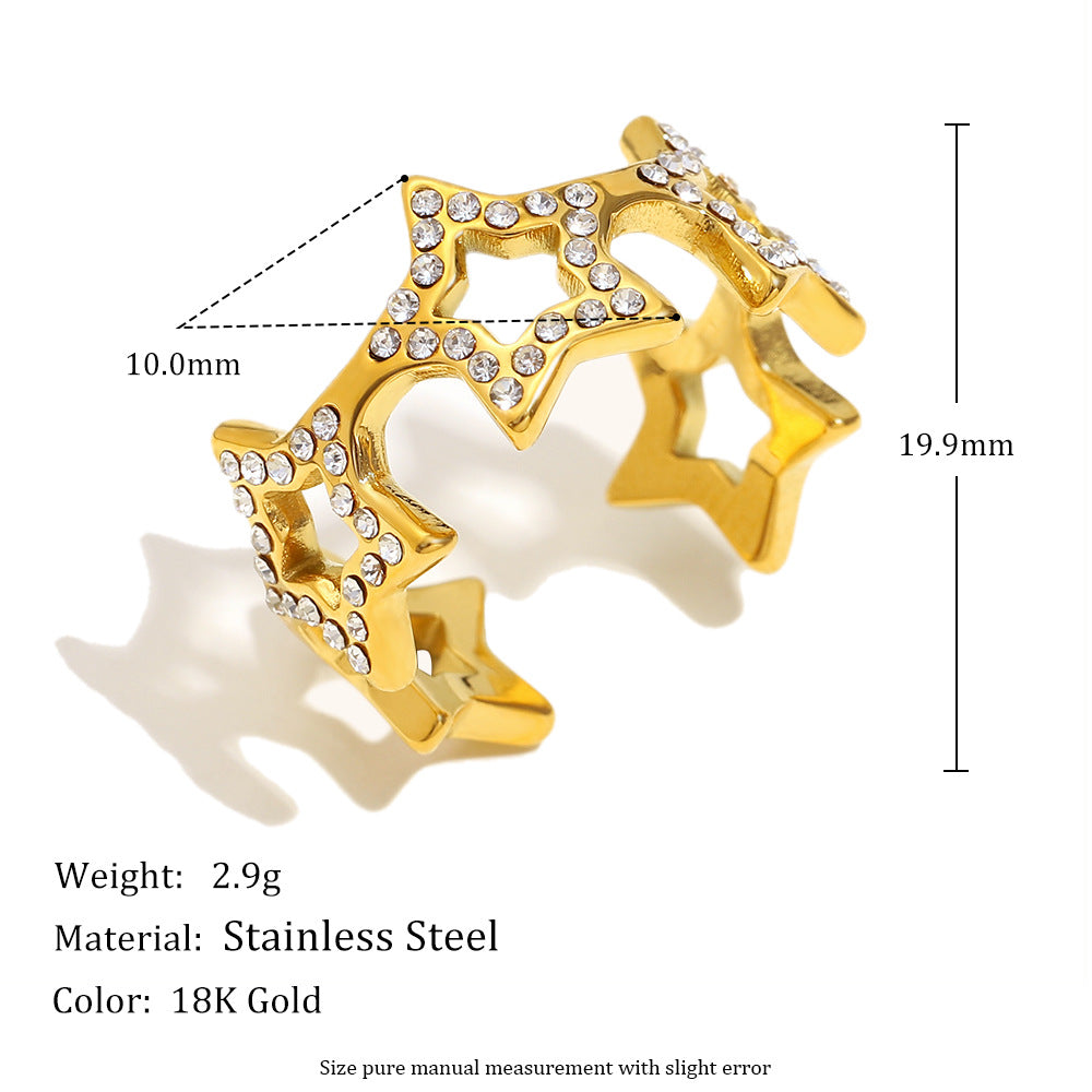 Fashionable Heart-Shaped Stainless Steel Ring with 18K Gold Plating, Hollow Star and Beaded Edge Design, Multi-Layer Zircon Accent, Office-Appropriate Minimalist Jewelry for Women
