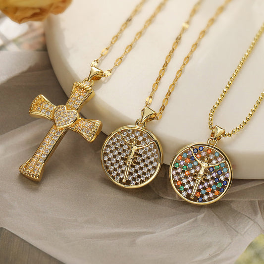 Minimalist Cross Pendant Necklace for Women with Copper Base Plated in Real Gold and Zircon Inlay