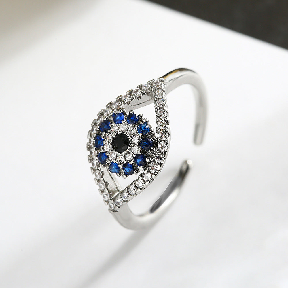 Minimalist Geometric Copper Ring with Gold Plating and Zircon Inlay Evil Eye Design for Women