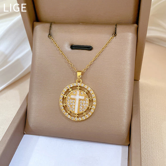 Minimalist Round Cross Pendant Necklace for Women Stainless Steel Snake Chain with Rhinestone Inlay