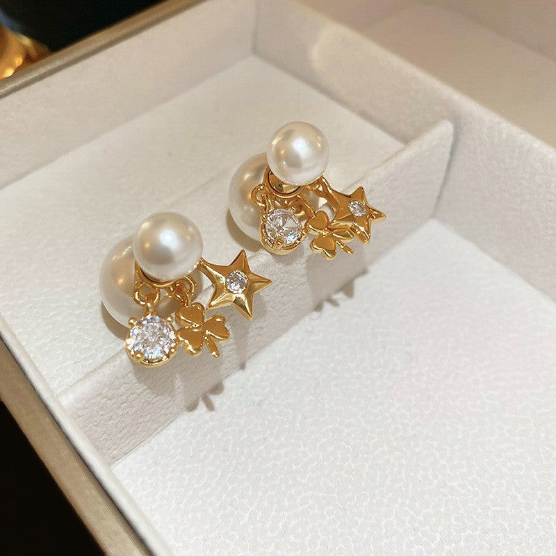Orecchini da donna vintage eleganti a forma di stella geometrica con perle simulate e zirconi, perni in acciaio placcato
