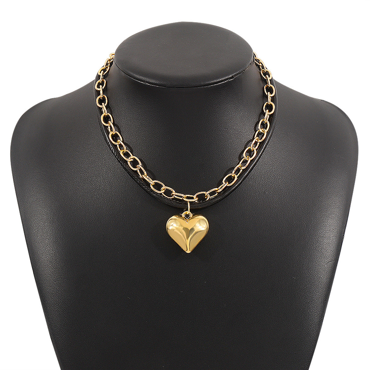 Girocollo con ciondolo a forma di cuore, dolce e audace, con catena in alluminio e cordino in pelle con finitura placcata
