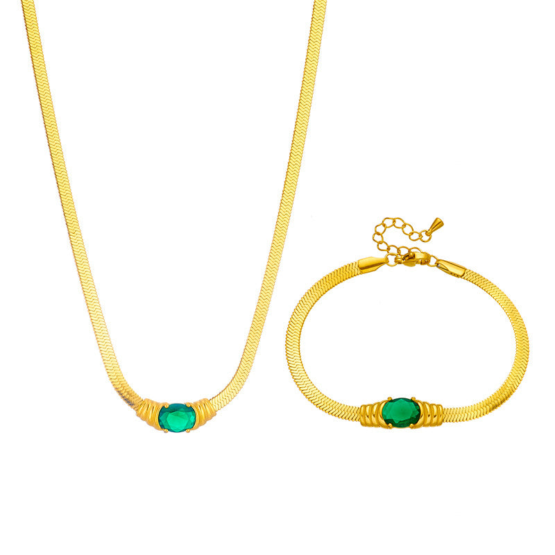 Set collana e bracciale a catena snake in acciaio inossidabile stile vintage minimalista con dettagli in strass sfaccettati