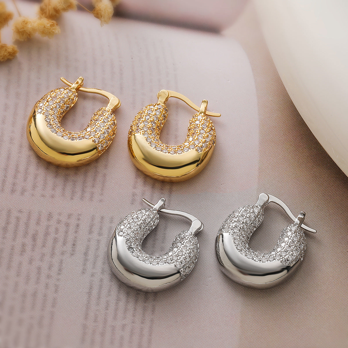 Geometric Earrings for Women with Copper Base Plated in 18K Gold and Micro-Paved Zirconia, Fashionable and Versatile Luxury Design