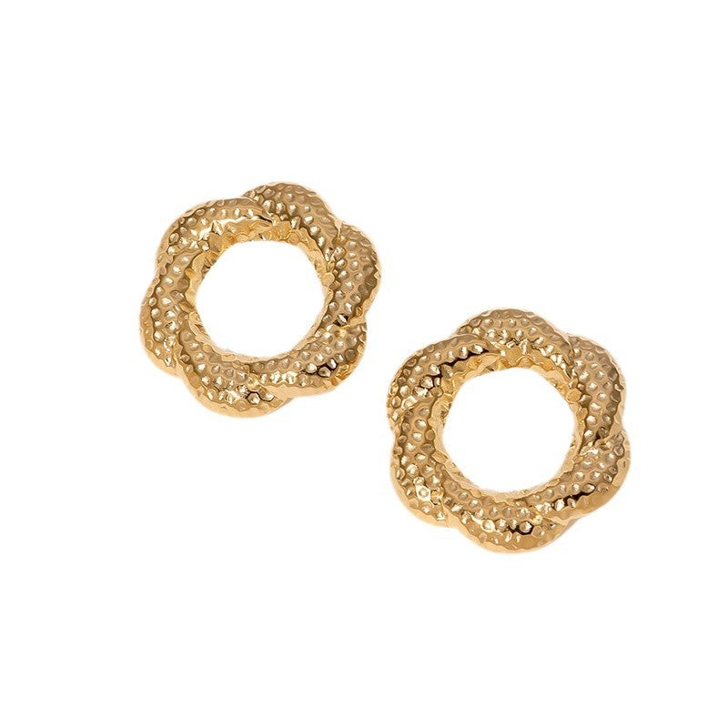 Fashion Geometric Hammered Floral Hoop 18K Gold Plated Stainless Steel Earrings for Women