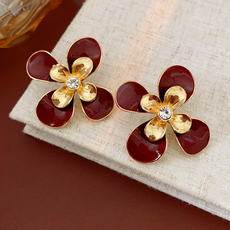 Vintage Floral Polka Dot Enamel Dangle Earrings in Alloy with Stainless Steel Posts for Women