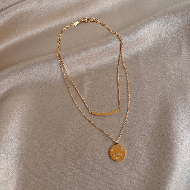 Minimalist Geometric Letter Pendant Necklace for Women Titanium Steel Plated Long Layered Clavicle Chain with O-Shape Link