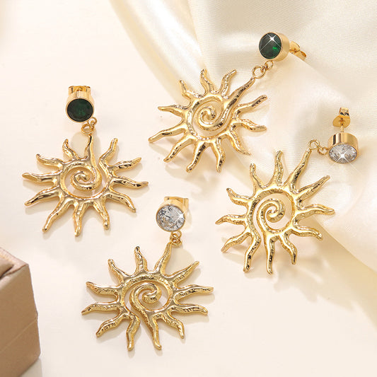 Pendientes vintage de acero inoxidable con diseño geométrico de sol e incrustaciones de diamantes de imitación para mujer