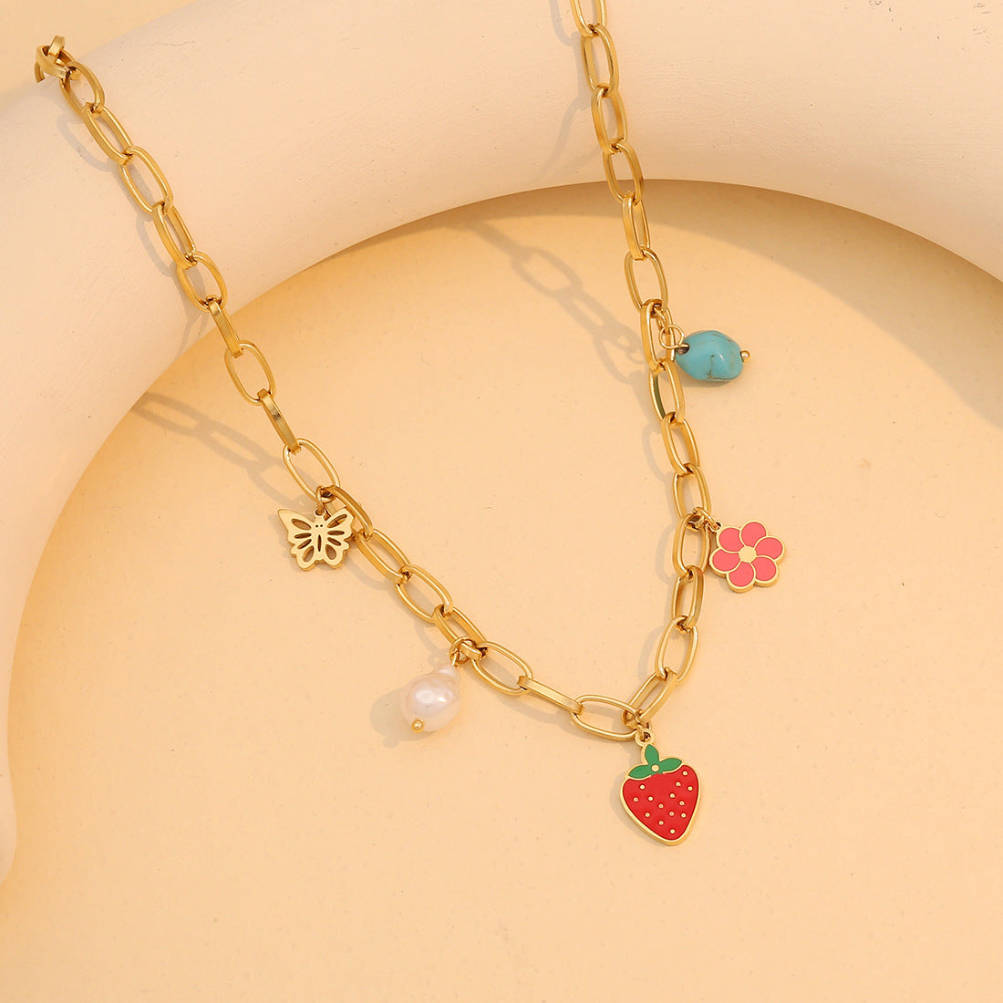 Cute Strawberry Pendant Necklace Set for Women with Stainless Steel Chain and Enamel Coating in Fresh Sweet Style