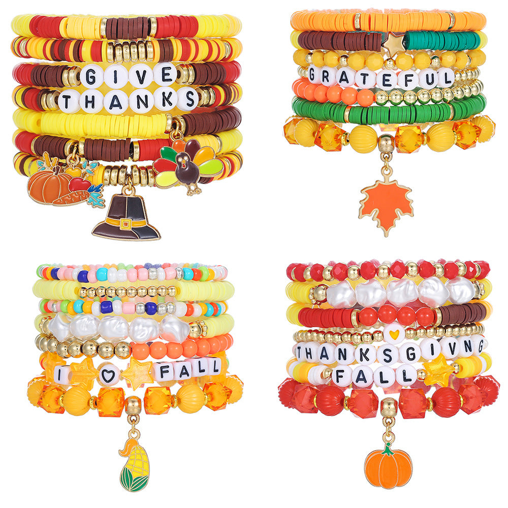 Geometric Resin Brass Acrylic Bracelet Set with Turkey Maple Leaf Pumpkin Letter Charms