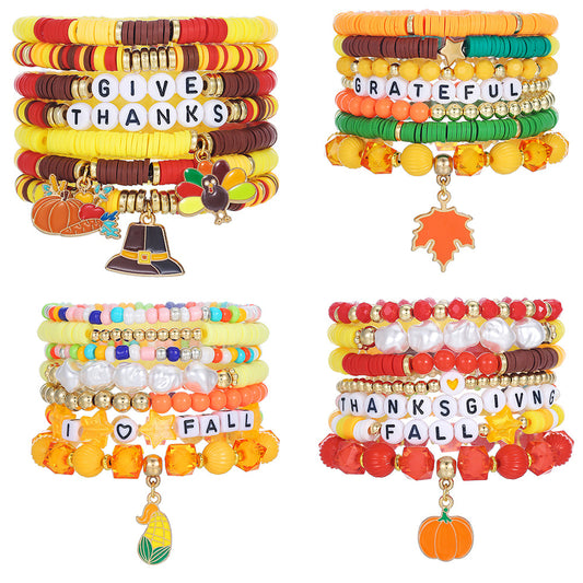 Geometric Resin Brass Acrylic Bracelet Set with Turkey Maple Leaf Pumpkin Letter Charms