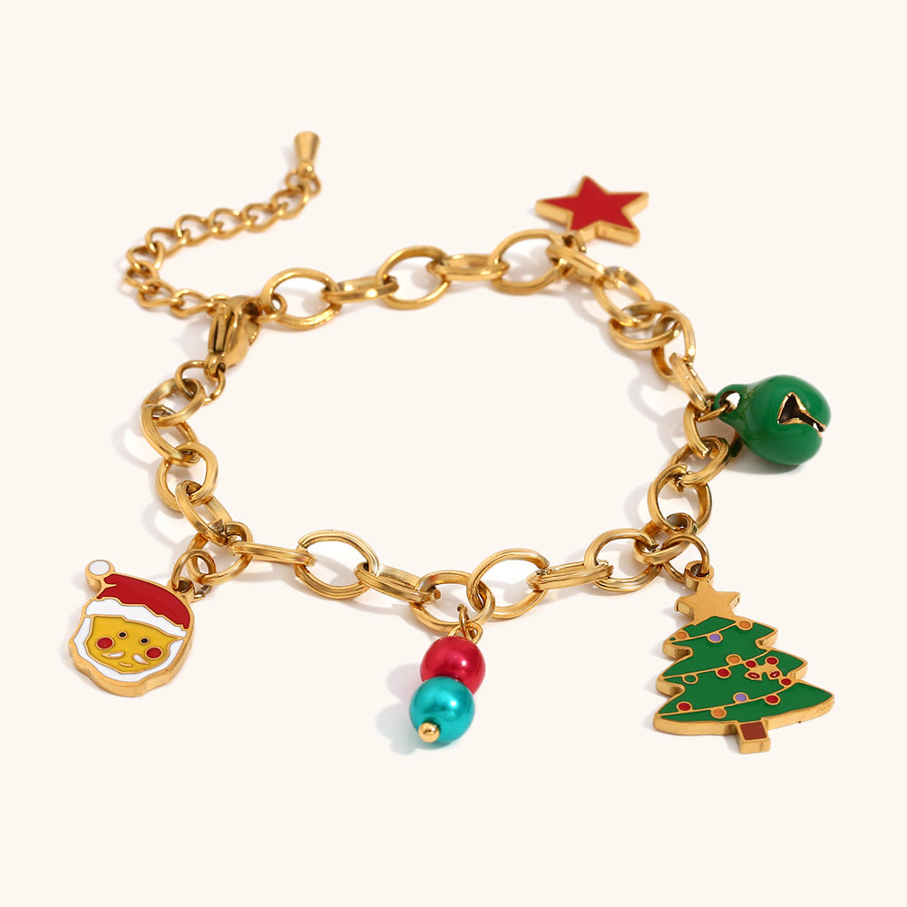 Bracciale con ciondolo ad albero di Natale e stella, grazioso, in acciaio inossidabile con placcatura in oro 18 carati da donna