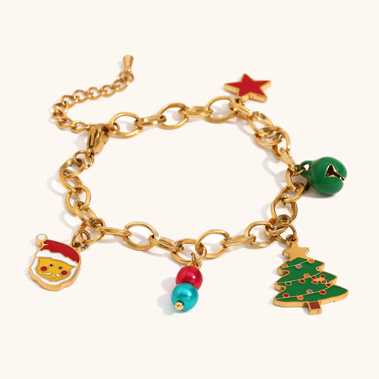 Bonita pulsera con colgante de árbol de Navidad y estrella en acero inoxidable con baño de oro de 18 quilates para mujer
