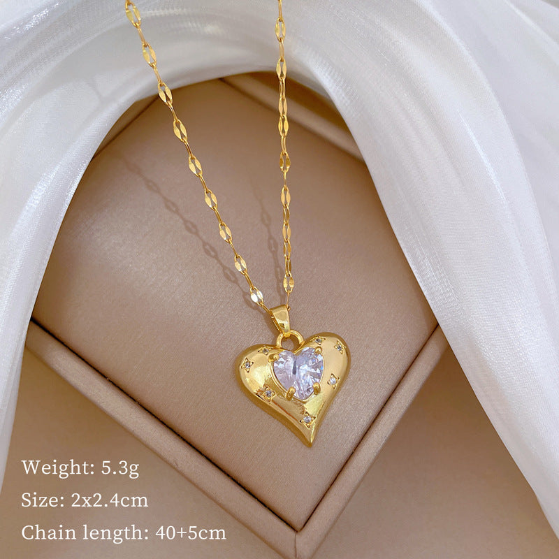 Collana Minimalista a Cuore in Acciaio al Titanio con Intarsio di Strass per Donna e Uomo, Delicata Catenina per Clavicola