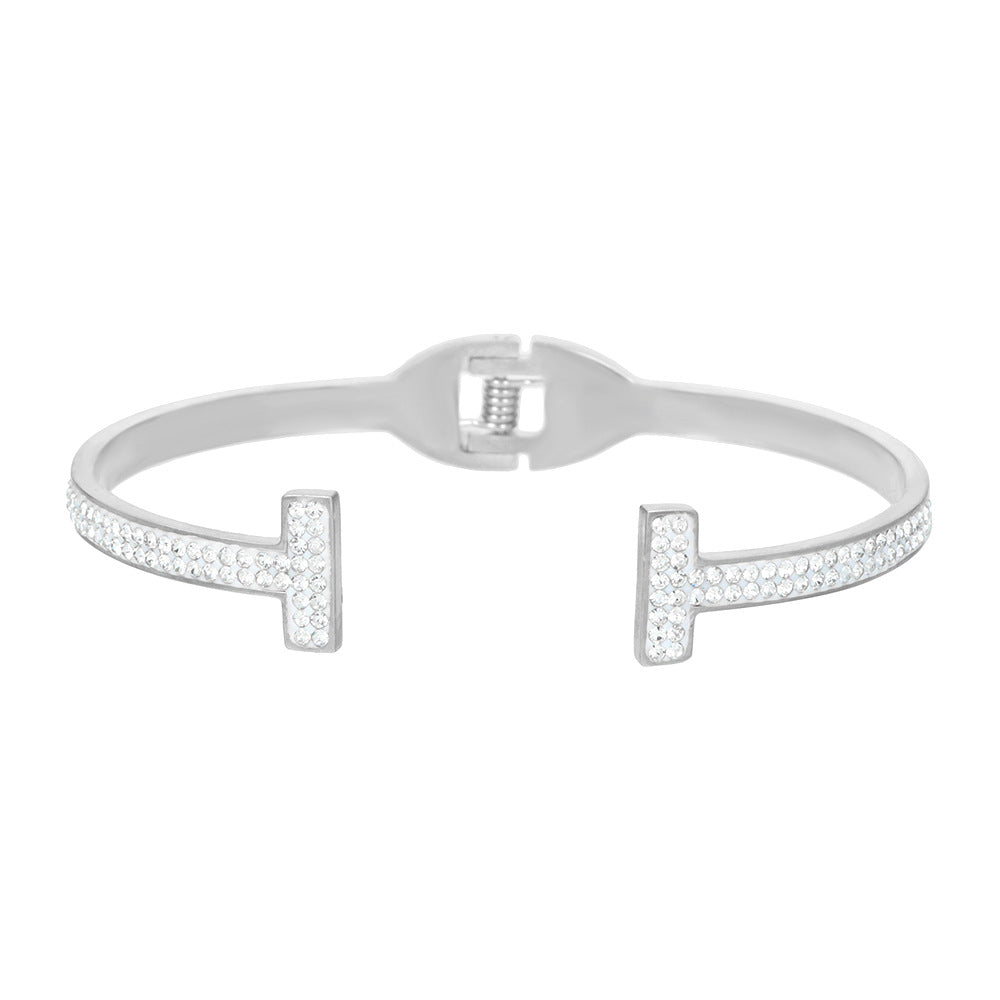 Minimalist Geometric Double-T Rhinestone Inlaid Titanium Steel Open Cuff Bracelet for Women