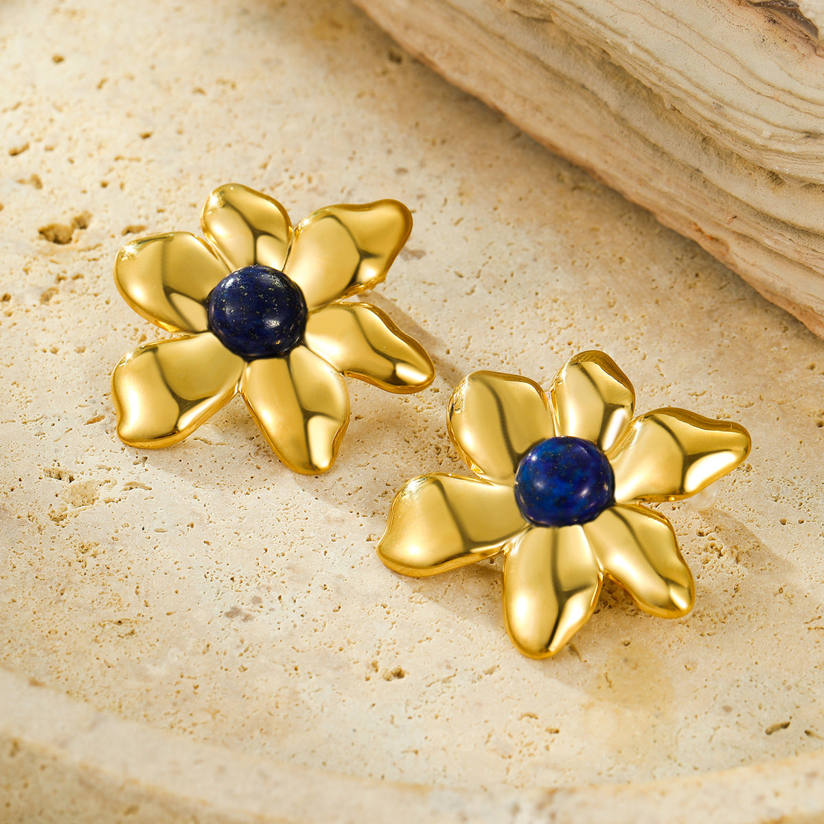 Orecchini da donna in acciaio inossidabile a forma di petalo irregolare, stile vintage, con placcatura in oro 18 carati e pietre colorate naturali