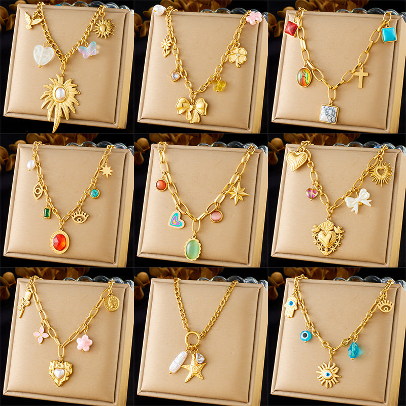 French Vintage Heart Floral Pearl Gemstone Plated Stainless Steel Curb Chain Necklace for Women