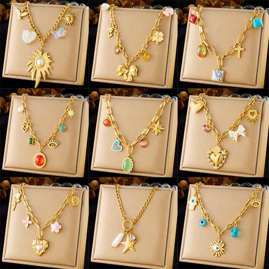 French Vintage Heart Floral Pearl Gemstone Plated Stainless Steel Curb Chain Necklace for Women