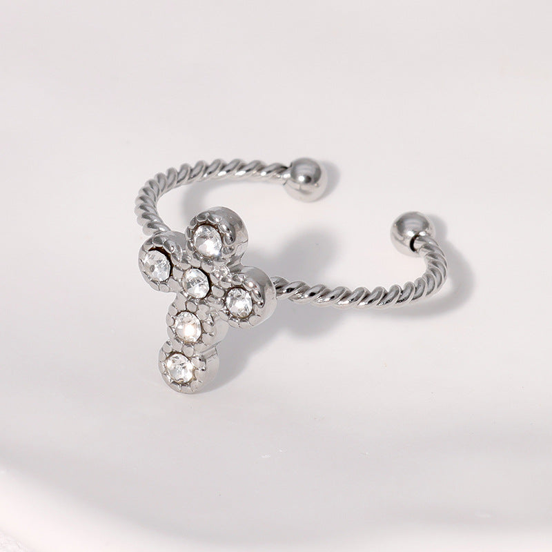 Minimalist Cross-Shaped Opening Ring for Women in Stainless Steel with Gold Plating and Rhinestone Inlay