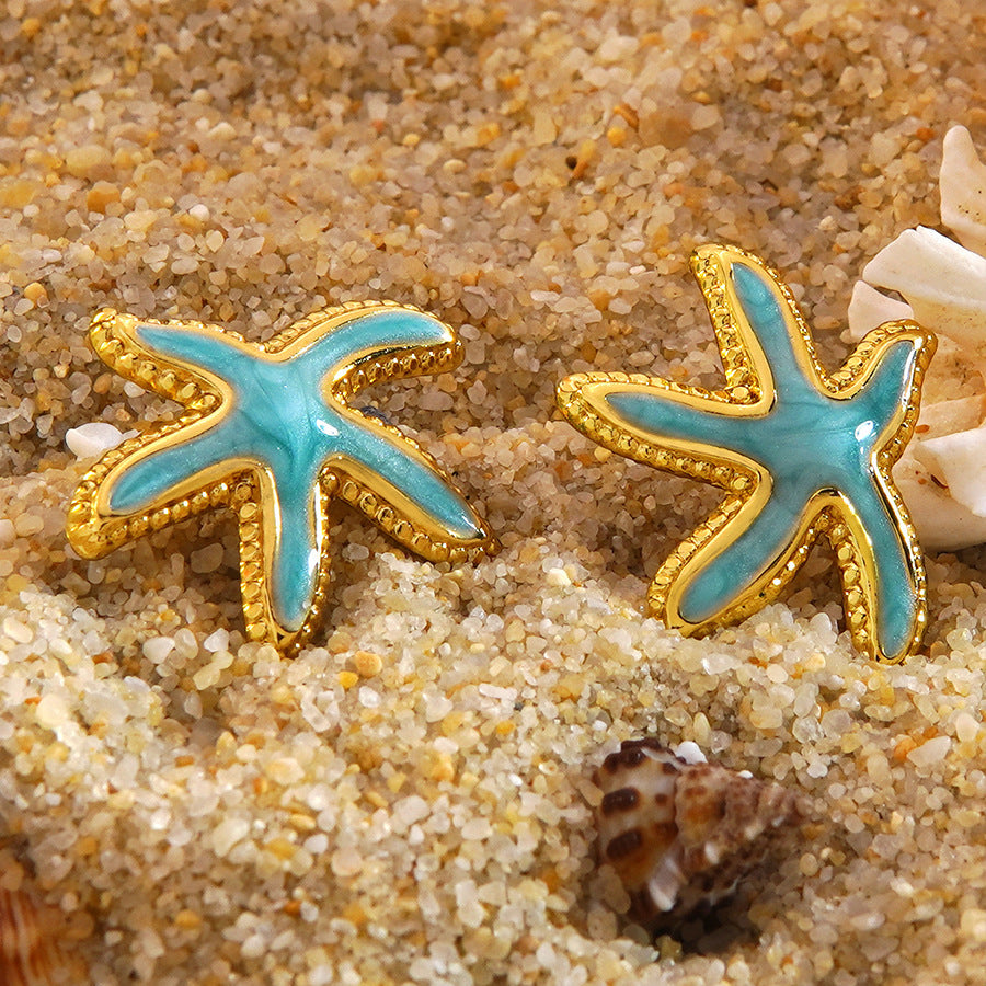 Minimalist Stainless Steel Drip Oil Plated Starfish Earrings for Women