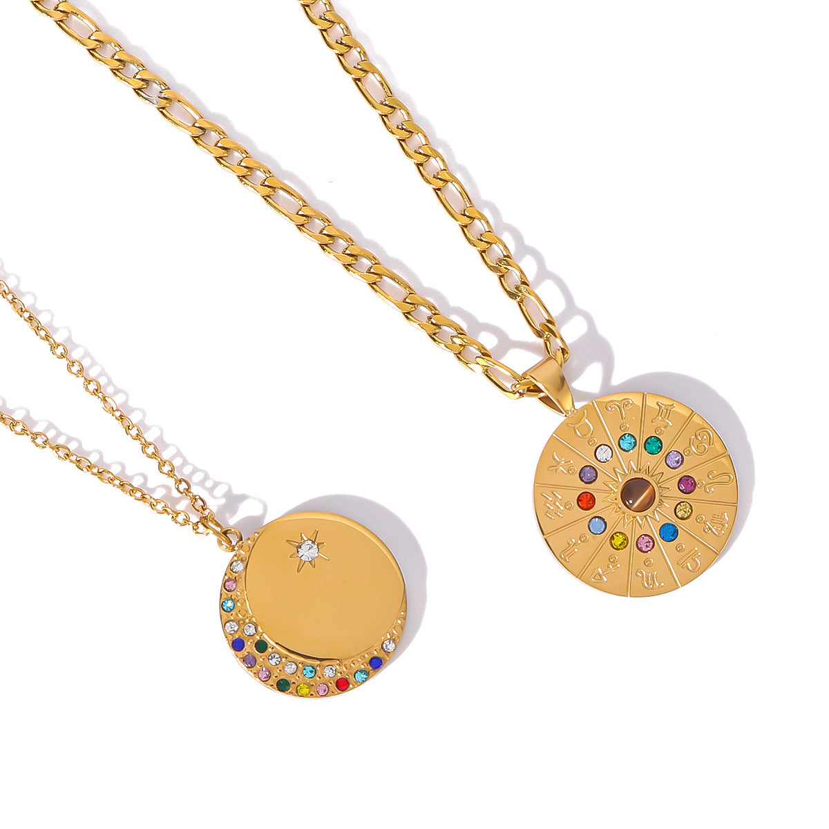 Vintage Zodiac Pendant Necklace for Women Stainless Steel Base with 18K Gold Plating Geometric Shape Cubic Zirconia Inlay Figaro Chain