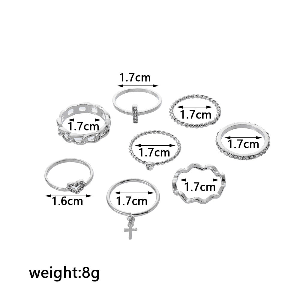 Minimalist Sweet Silver Plated Geometric Cross Heart Crystal Rhinestone Ring Set for Women