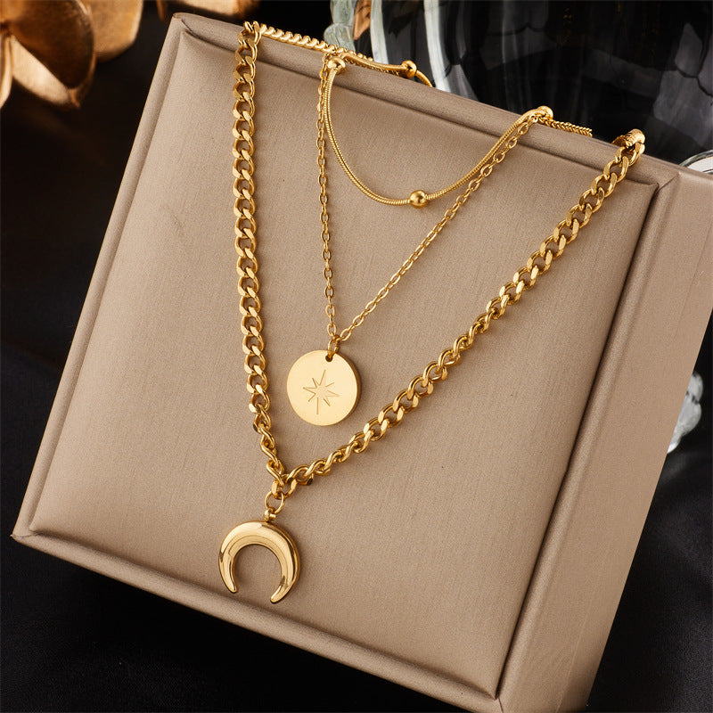 Vintage Luxury Gold Plated Heart Butterfly Round Stainless Steel Necklace with Pearl Multi-Layer