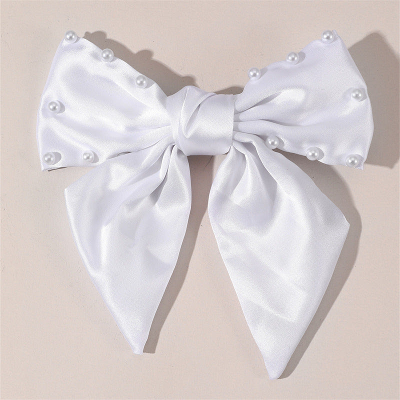 Lindo y fresco pasador con diseño de lazo blanco grande, broche de resorte adornado con perlas para mujeres y niñas