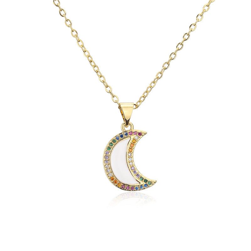 Elegant Drip Oil Moon Star Geometric Brass Inlay Necklace with Cable Chain