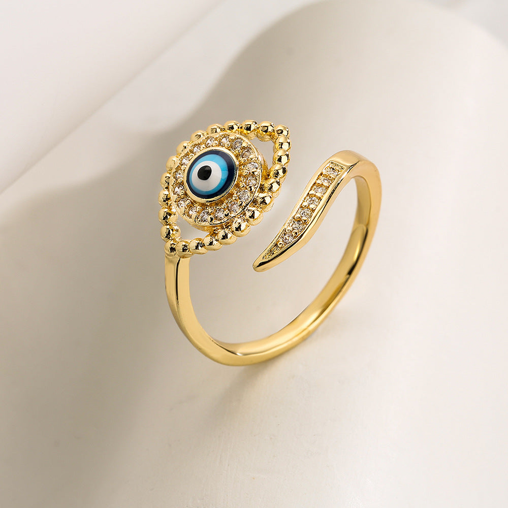 Anello Minimalista Geometrico Occhio di Falco da Donna in Rame con Placcatura in Vero Oro e Intarsi in Zircone